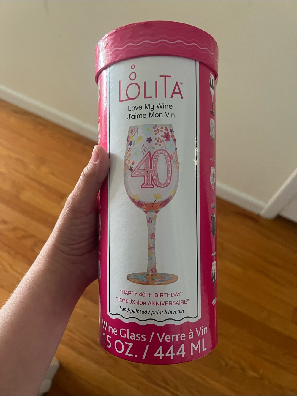 Lolita Pink 40th Birthday 'Love My Wine' Decorative Wine Glass